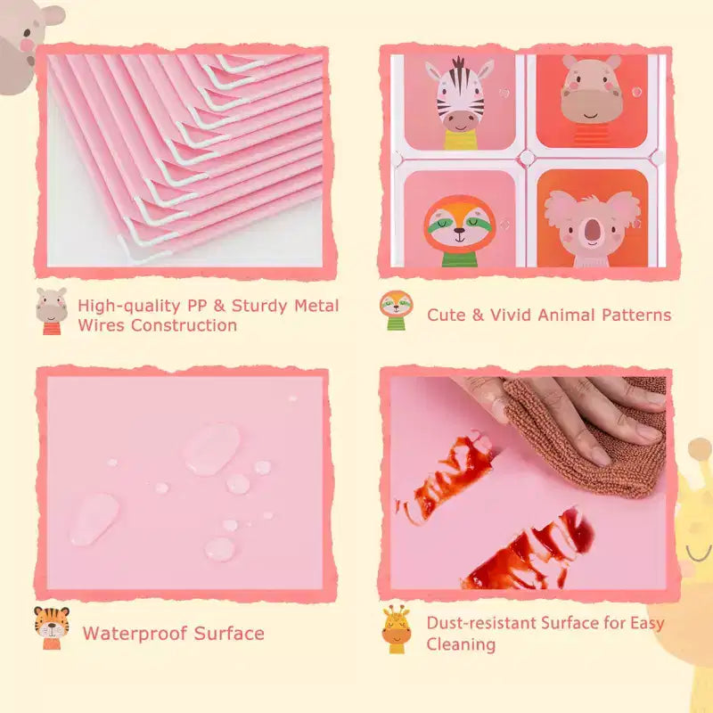 Armoire pour Enfants 8 Cubes avec Section Penderie et Portes à Motif Animal, Bleu/Rose/Blanc