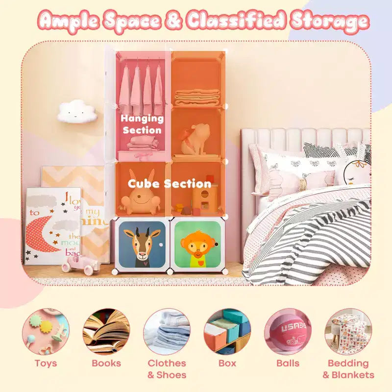 Armoire pour Enfants 8 Cubes avec Section Penderie et Portes à Motif Animal, Bleu/Rose/Blanc