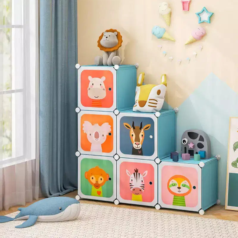 Armoire pour Enfants 8 Cubes avec Section Penderie et Portes à Motif Animal, Bleu/Rose/Blanc