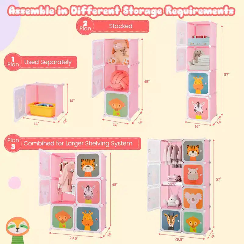 Armoire pour Enfants 8 Cubes avec Section Penderie et Portes à Motif Animal, Bleu/Rose/Blanc