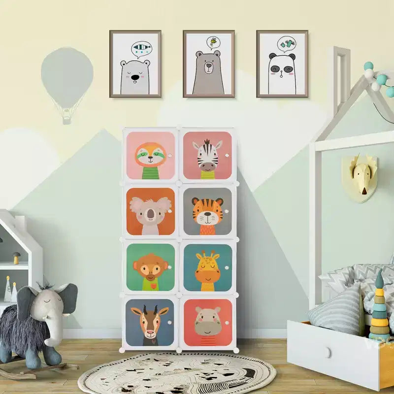 Armoire pour Enfants 8 Cubes avec Section Penderie et Portes à Motif Animal, Bleu/Rose/Blanc