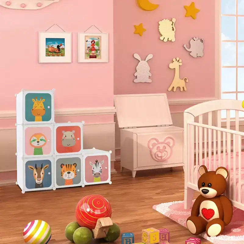 Armoire pour Enfants 8 Cubes avec Section Penderie et Portes à Motif Animal, Bleu/Rose/Blanc