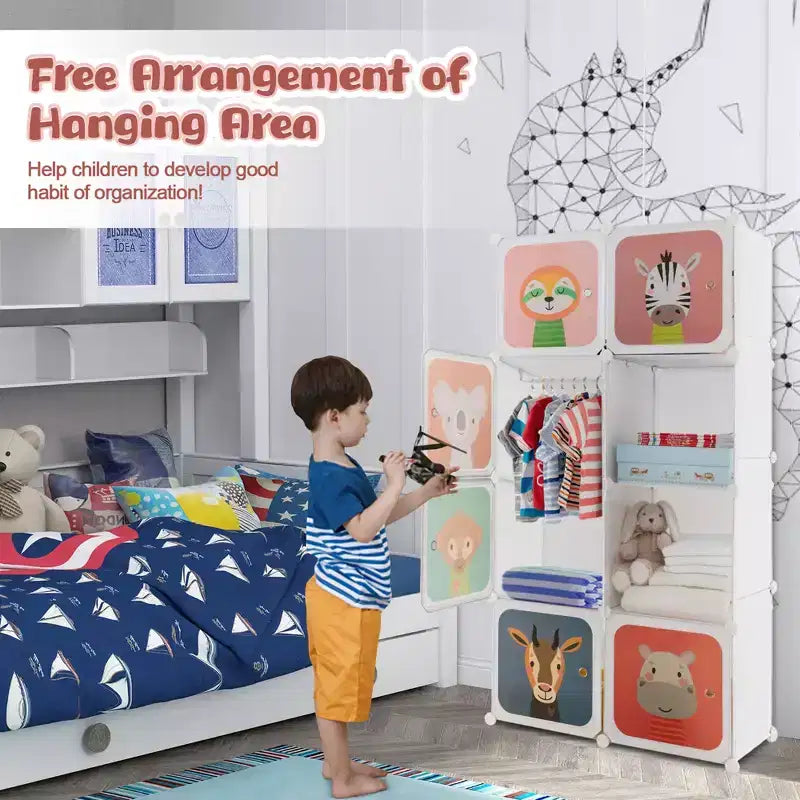 Armoire pour Enfants 8 Cubes avec Section Penderie et Portes à Motif Animal, Bleu/Rose/Blanc