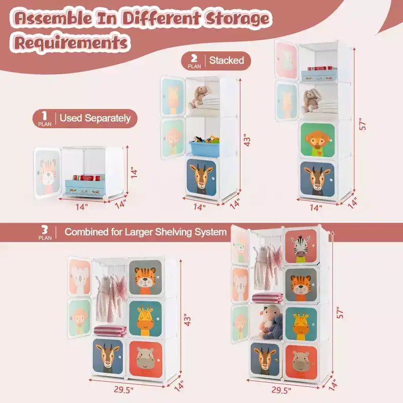 Armoire pour Enfants 8 Cubes avec Section Penderie et Portes à Motif Animal, Bleu/Rose/Blanc