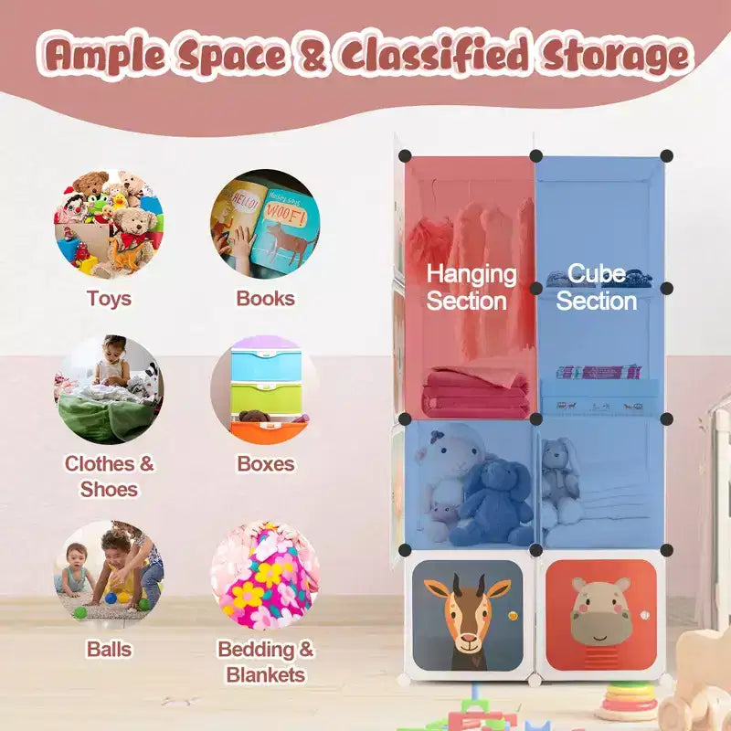 Armoire pour Enfants 8 Cubes avec Section Penderie et Portes à Motif Animal, Bleu/Rose/Blanc