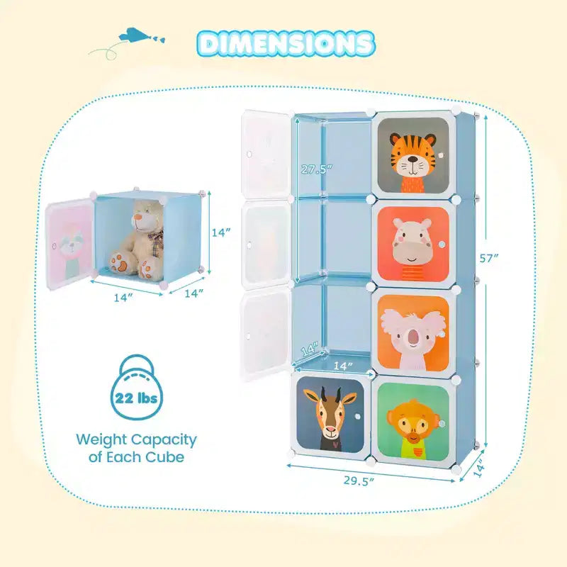 8-Cube Kids Wardrobe with Hanging Section & Animal Pattern Doors, Blue/Pink/White