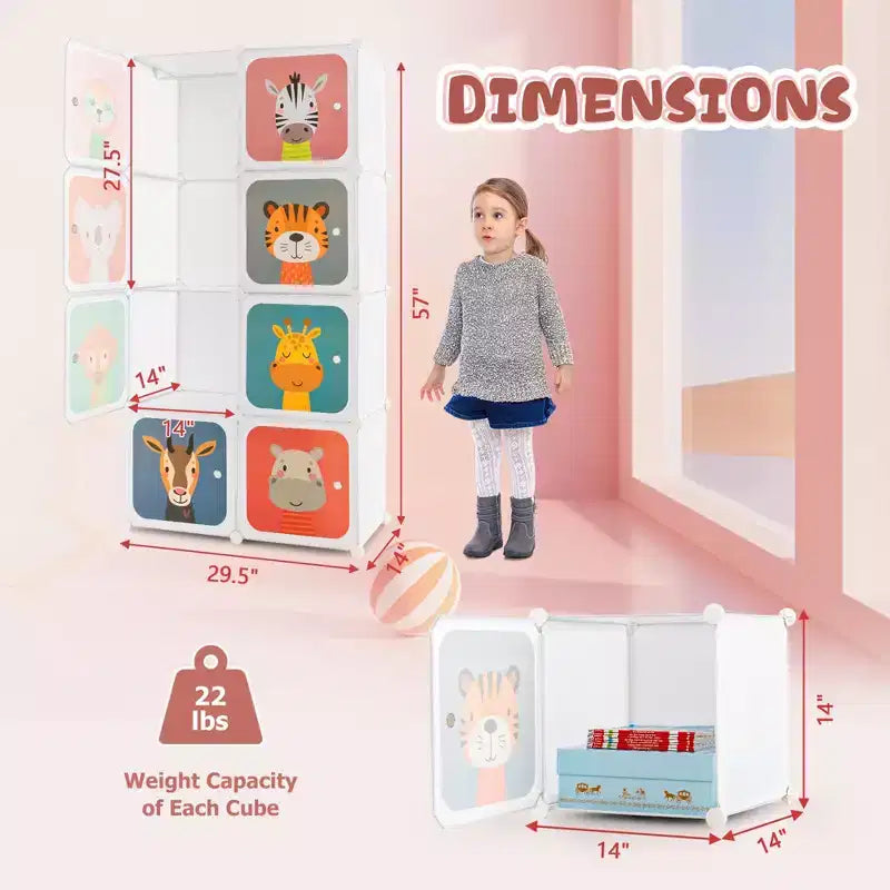 Armoire pour Enfants 8 Cubes avec Section Penderie et Portes à Motif Animal, Bleu/Rose/Blanc