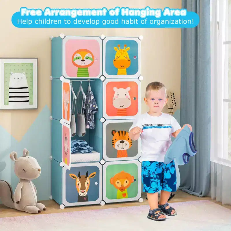 Armoire pour Enfants 8 Cubes avec Section Penderie et Portes à Motif Animal, Bleu/Rose/Blanc