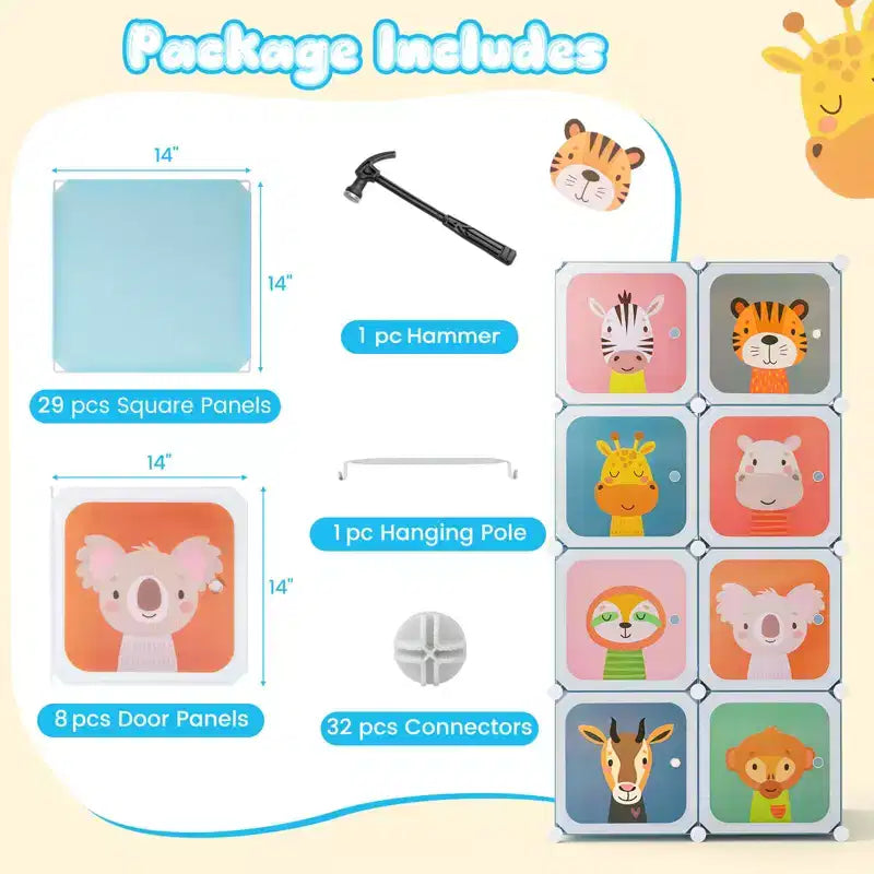 Armoire pour Enfants 8 Cubes avec Section Penderie et Portes à Motif Animal, Bleu/Rose/Blanc
