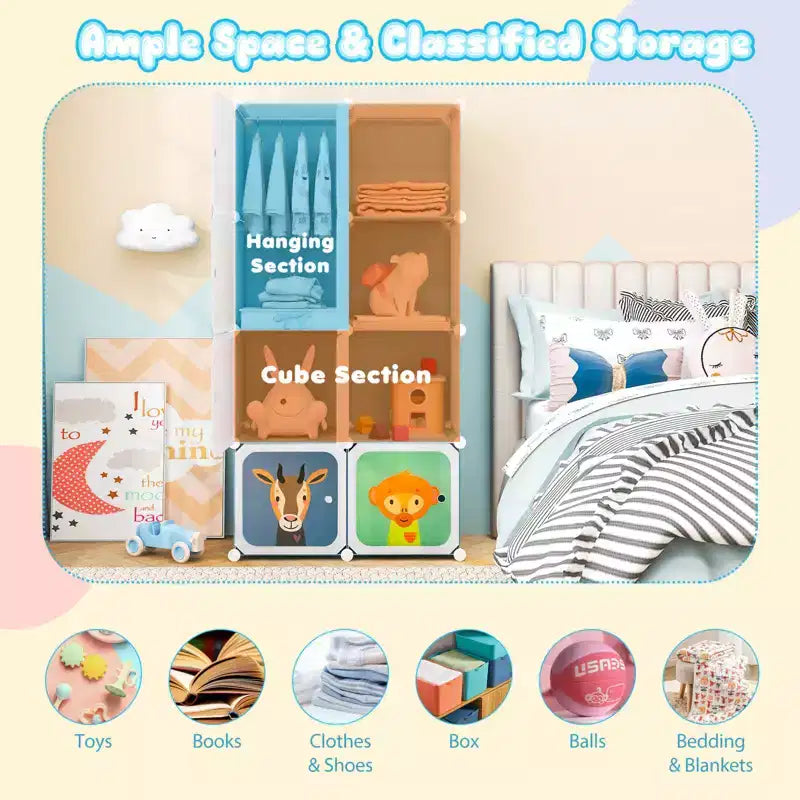 Armoire pour Enfants 8 Cubes avec Section Penderie et Portes à Motif Animal, Bleu/Rose/Blanc