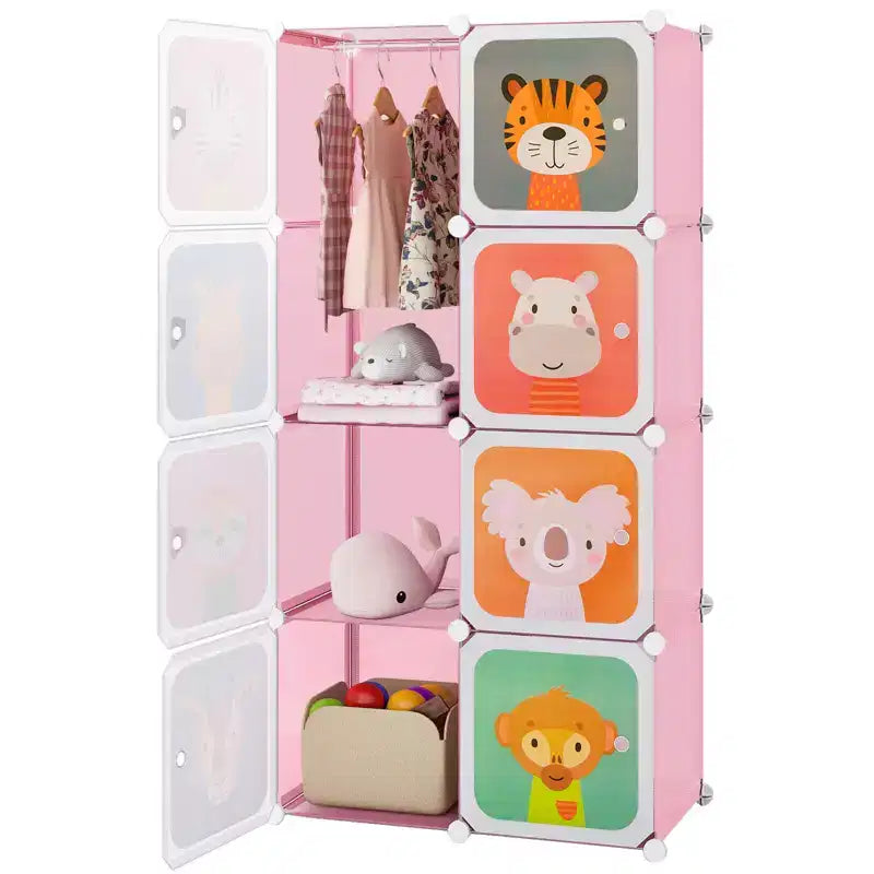 8-Cube Kids Wardrobe with Hanging Section & Animal Pattern Doors, Blue/Pink/White