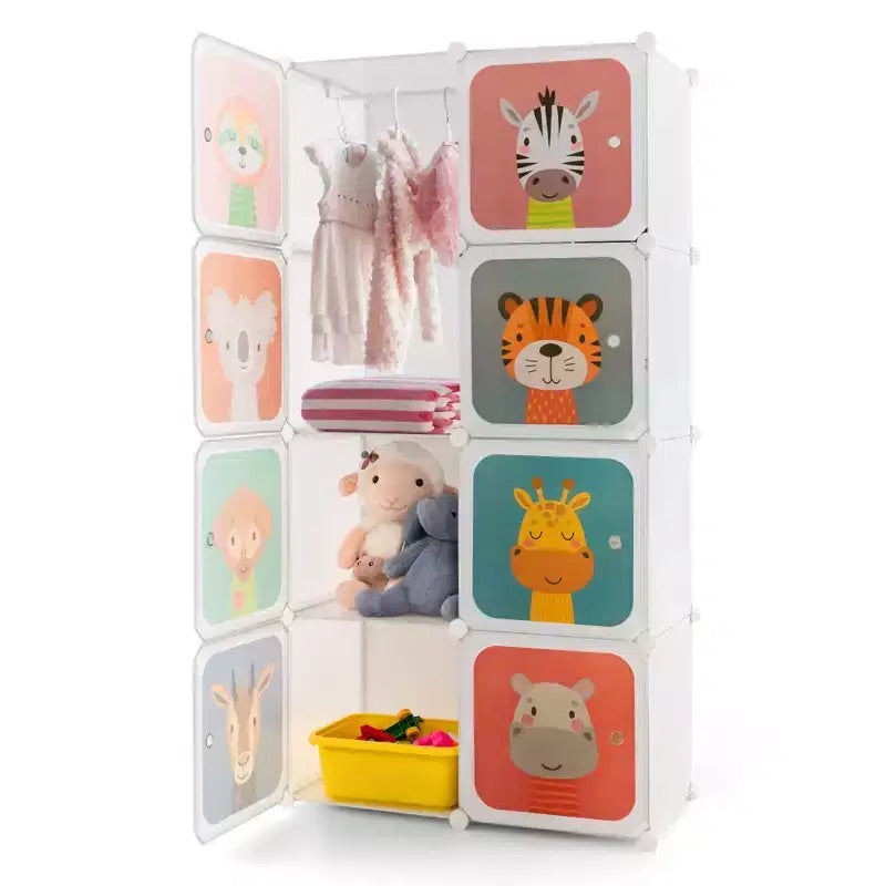8-Cube Kids Wardrobe with Hanging Section & Animal Pattern Doors, Blue/Pink/White