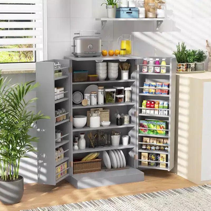 41" Farmhouse Kitchen Pantry Cabinet, 17 Storage Shelves, 2 Doors, Gray/White