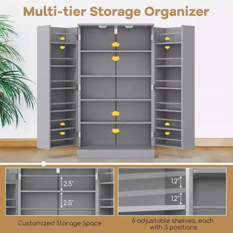 41" Farmhouse Kitchen Pantry Cabinet, 17 Storage Shelves, 2 Doors, Gray/White