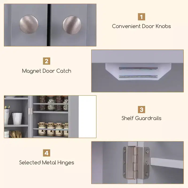 Garde-manger de cuisine de ferme de 41 po, 17 étagères de rangement, 2 portes, Gris/Blanc
