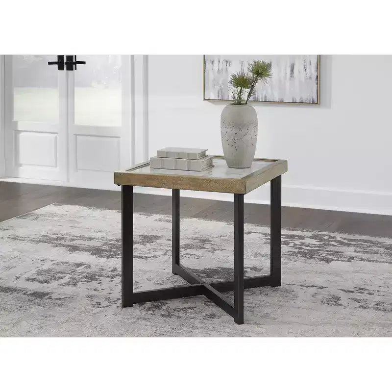 Square End Table with Sintered Stone Top & Lower Shelf, Brown/Black, 25"H