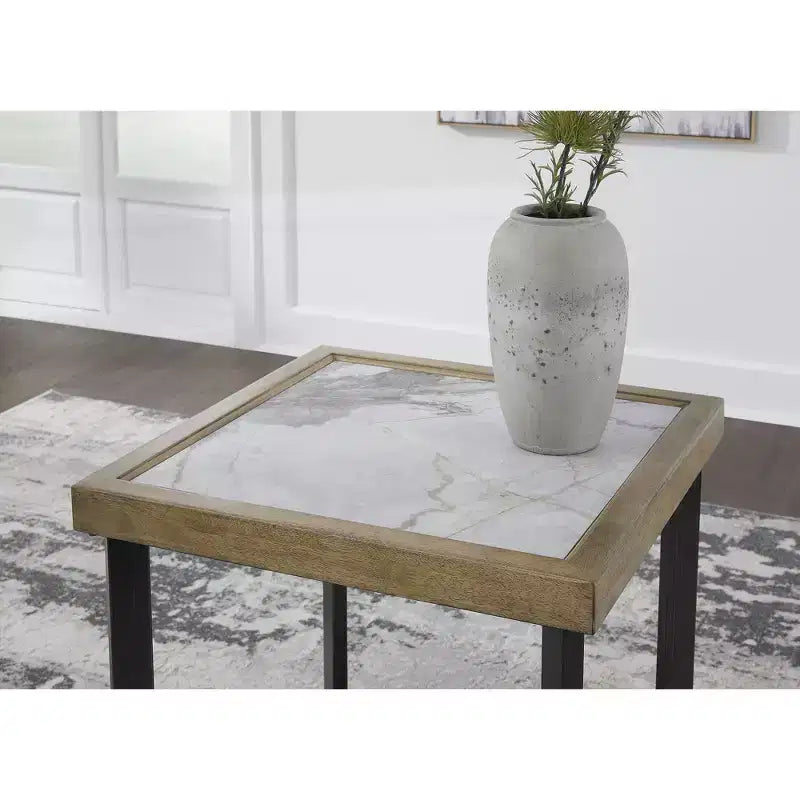 Square End Table with Sintered Stone Top & Lower Shelf, Brown/Black, 25"H