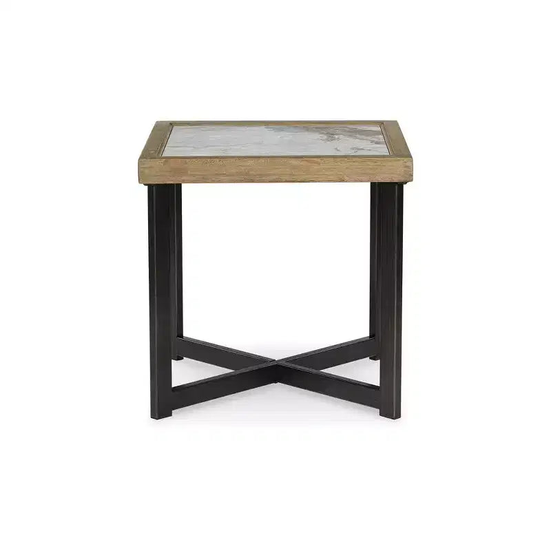 Square End Table with Sintered Stone Top & Lower Shelf, Brown/Black, 25"H