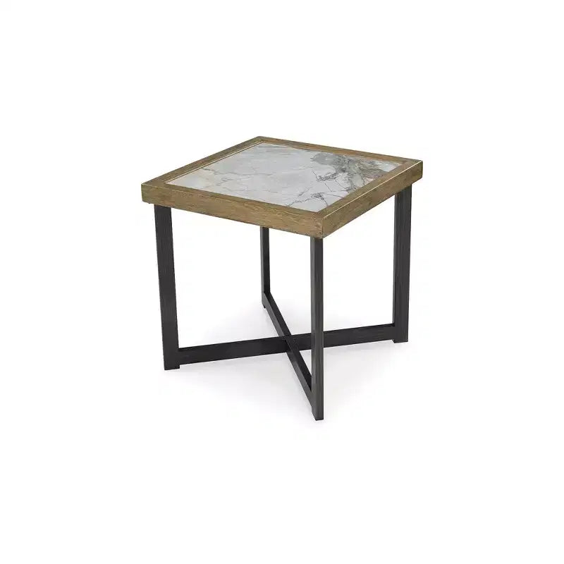Square End Table with Sintered Stone Top & Lower Shelf, Brown/Black, 25"H