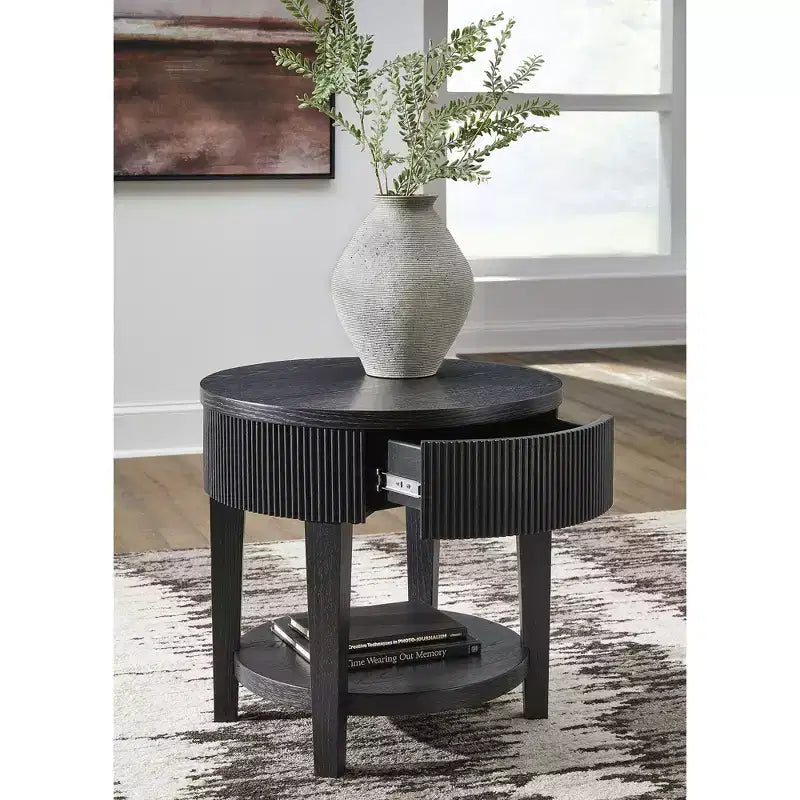 Table d'appoint cylindrique à 1 tiroir, tablier cannelé, noir charbon foncé, 58,4 cm H