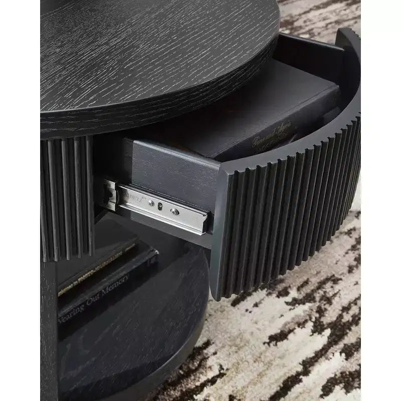 Table d'appoint cylindrique à 1 tiroir, tablier cannelé, noir charbon foncé, 58,4 cm H