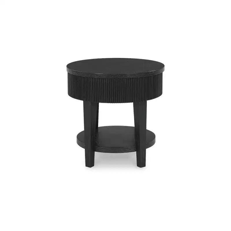 Table d'appoint cylindrique à 1 tiroir, tablier cannelé, noir charbon foncé, 58,4 cm H