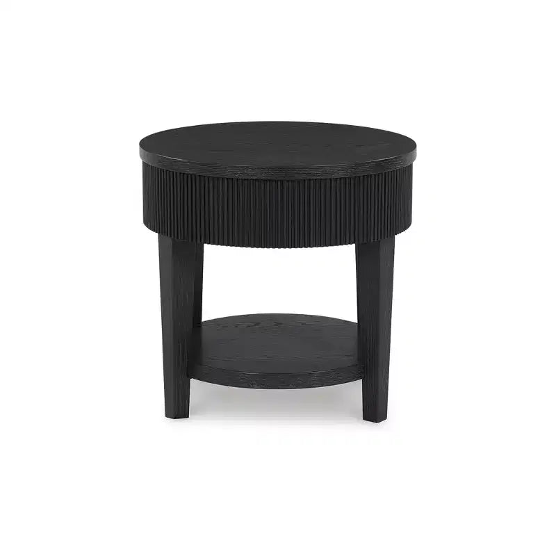 Table d'appoint cylindrique à 1 tiroir, tablier cannelé, noir charbon foncé, 58,4 cm H