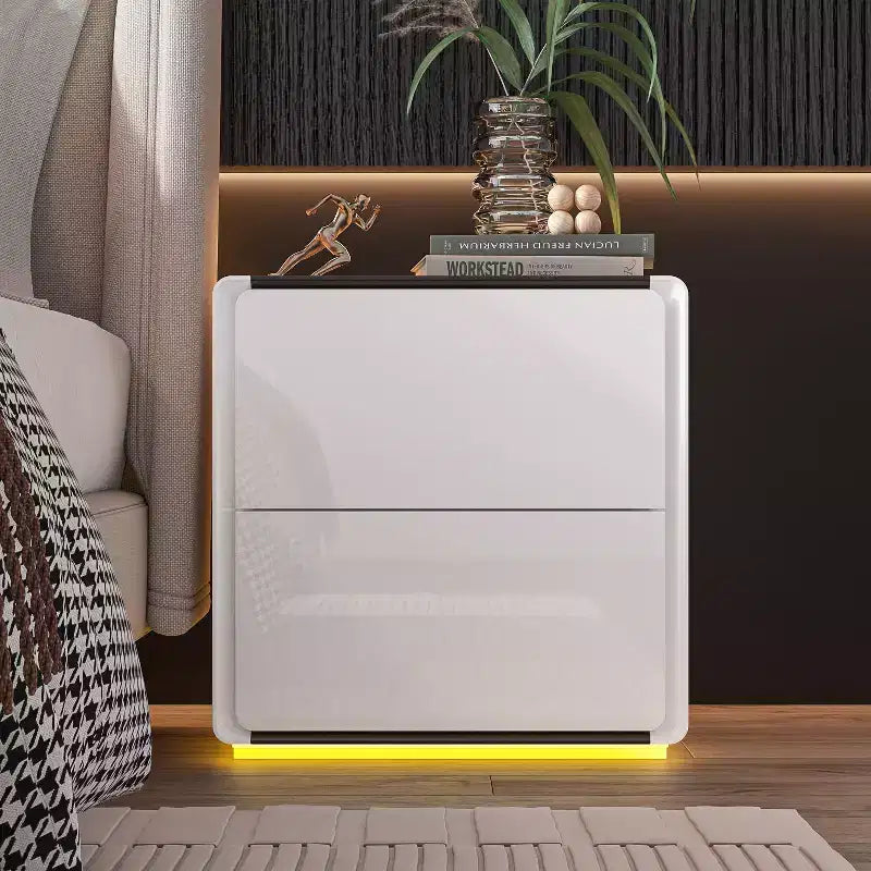 Table de chevet moderne avec lumière LED et 2 tiroirs, blanc brillant, capacité de 50 kg