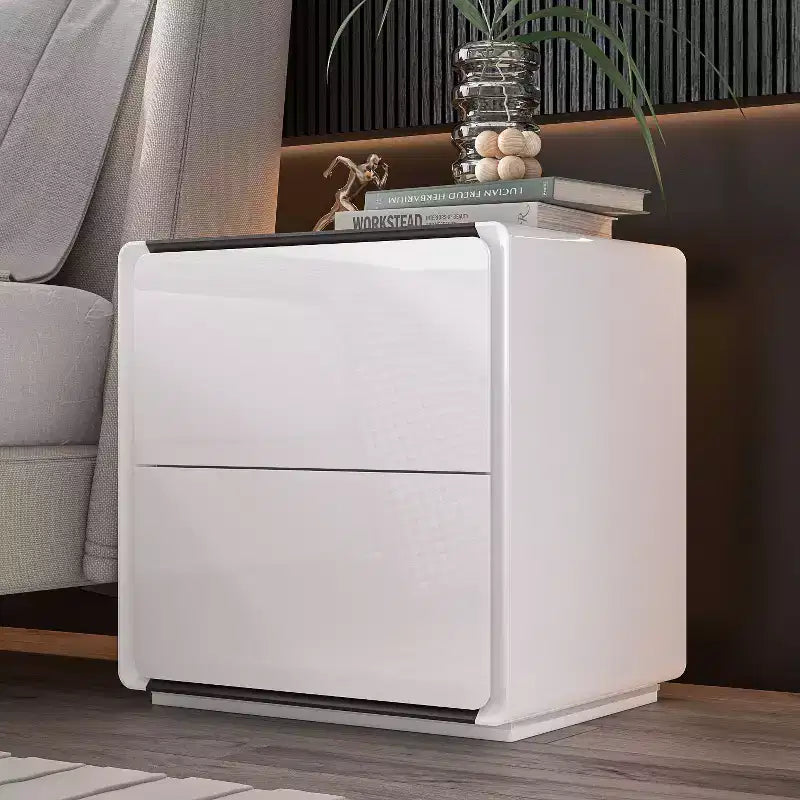 Modern Nightstand with LED Light & 2 Drawers, High-Gloss White, 110 lb Capacity