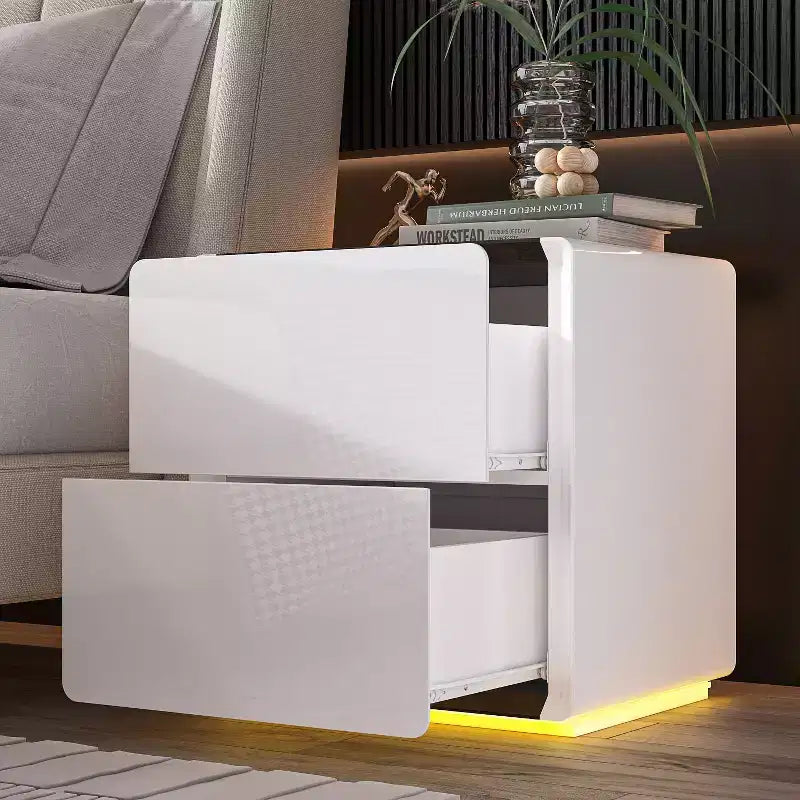 Modern Nightstand with LED Light & 2 Drawers, High-Gloss White, 110 lb Capacity