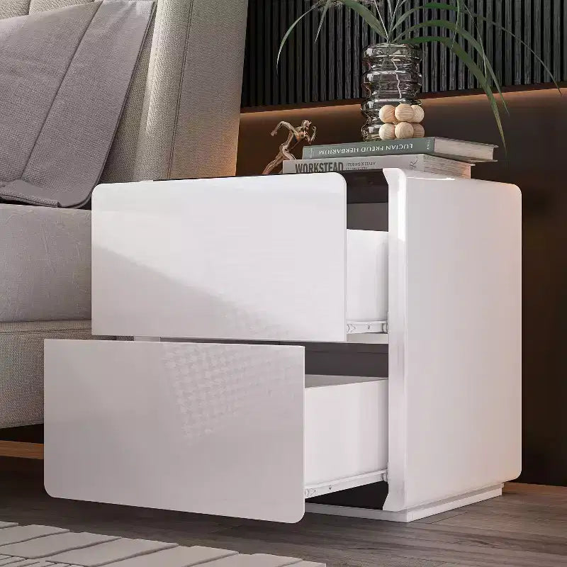 Table de chevet moderne avec lumière LED et 2 tiroirs, blanc brillant, capacité de 50 kg