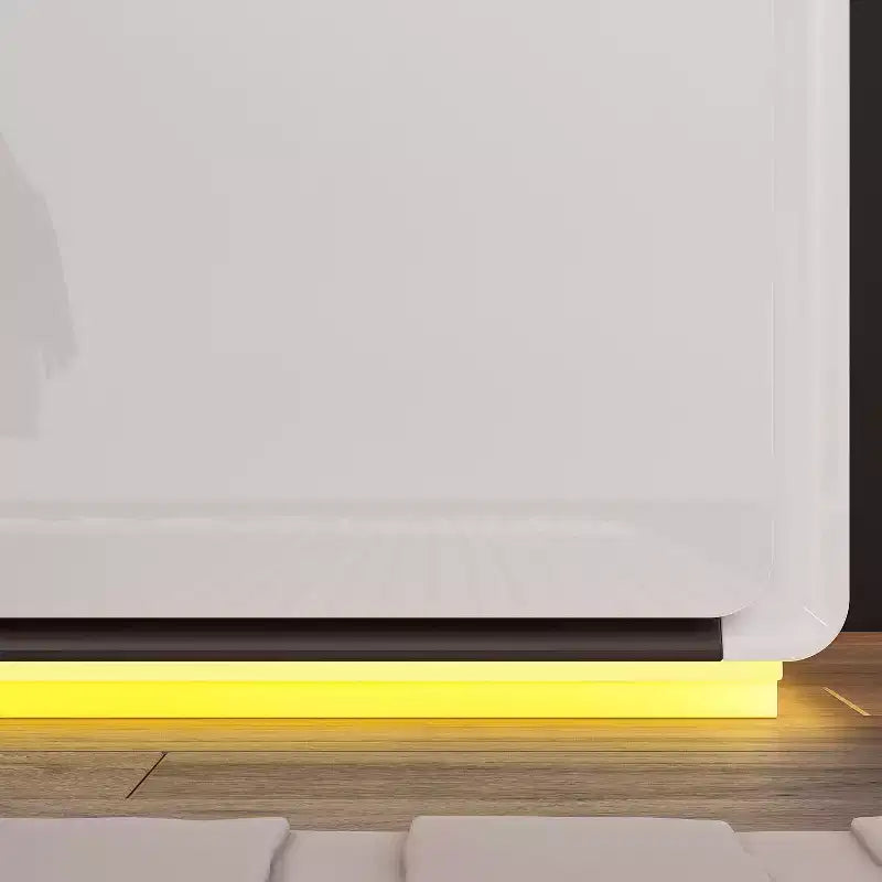 Table de chevet moderne avec lumière LED et 2 tiroirs, blanc brillant, capacité de 50 kg