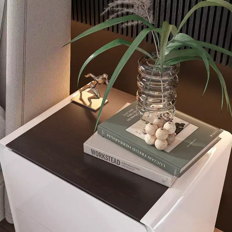 Table de chevet moderne avec lumière LED et 2 tiroirs, blanc brillant, capacité de 50 kg