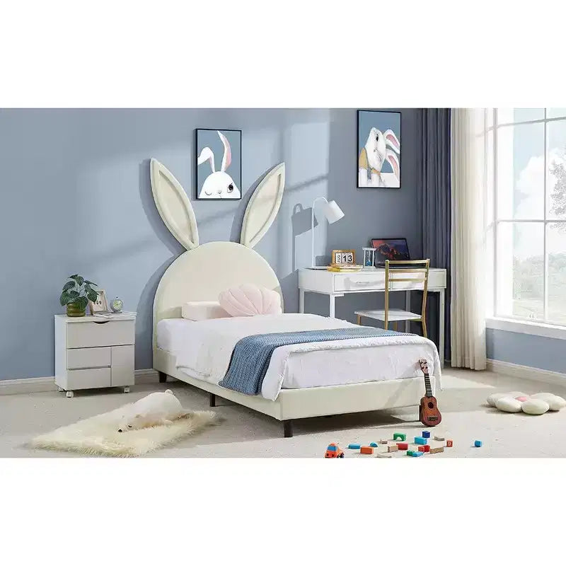 Lit plateforme double pour enfants, tête de lit en velours oreilles de lapin, 295 kg, Rose/Bleu/Beige