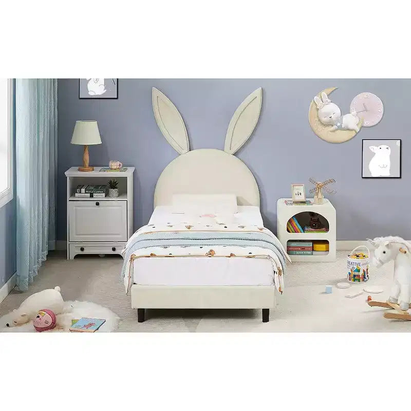 Lit plateforme double pour enfants, tête de lit en velours oreilles de lapin, 295 kg, Rose/Bleu/Beige