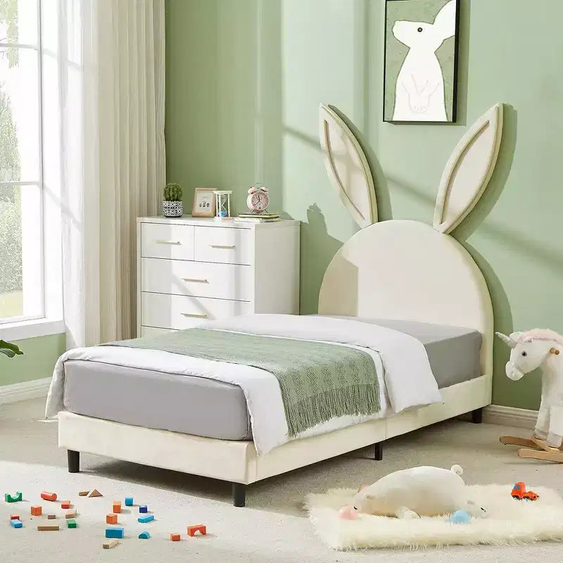 Lit plateforme double pour enfants, tête de lit en velours oreilles de lapin, 295 kg, Rose/Bleu/Beige
