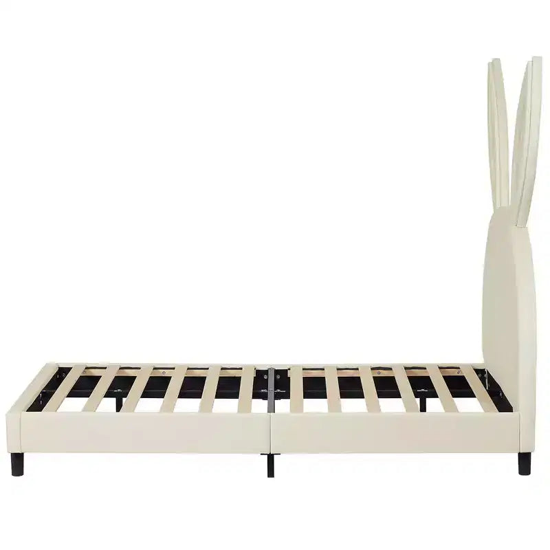 Lit plateforme double pour enfants, tête de lit en velours oreilles de lapin, 295 kg, Rose/Bleu/Beige