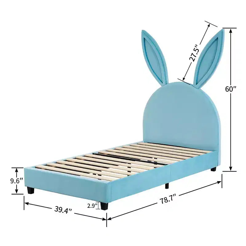 Lit plateforme double pour enfants, tête de lit en velours oreilles de lapin, 295 kg, Rose/Bleu/Beige
