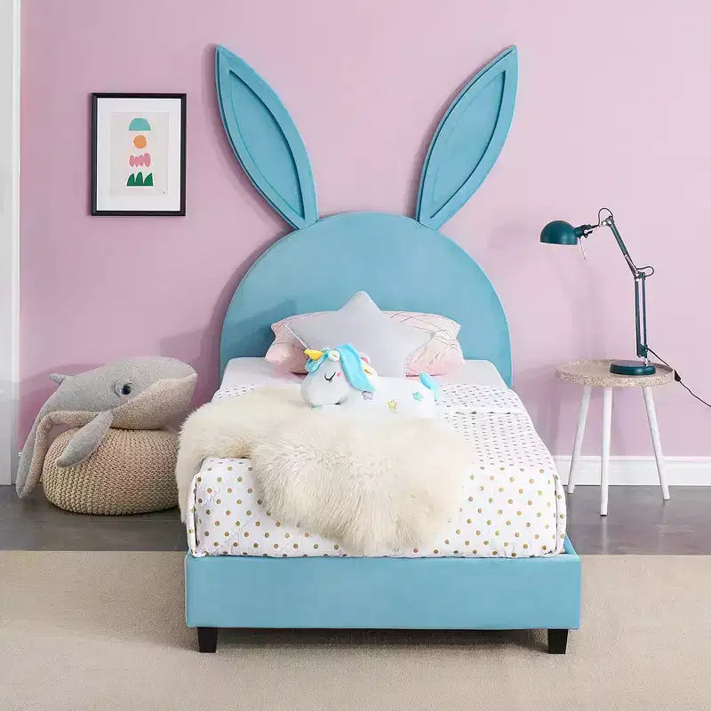 Lit plateforme double pour enfants, tête de lit en velours oreilles de lapin, 295 kg, Rose/Bleu/Beige
