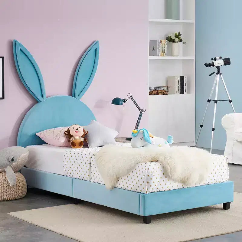 Lit plateforme double pour enfants, tête de lit en velours oreilles de lapin, 295 kg, Rose/Bleu/Beige
