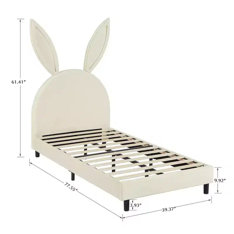 Lit plateforme double pour enfants, tête de lit en velours oreilles de lapin, 295 kg, Rose/Bleu/Beige