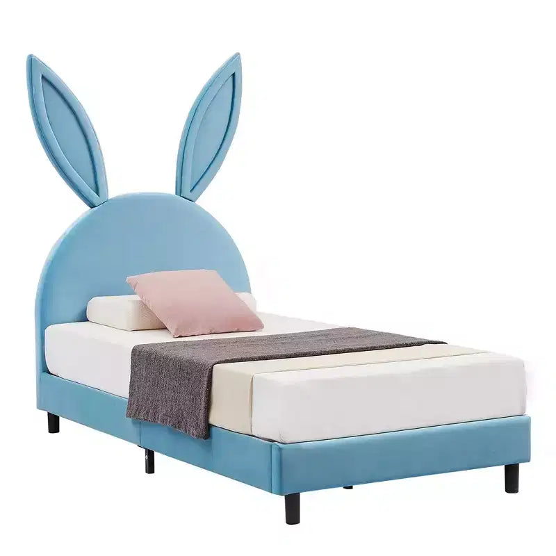Lit plateforme double pour enfants, tête de lit en velours oreilles de lapin, 295 kg, Rose/Bleu/Beige
