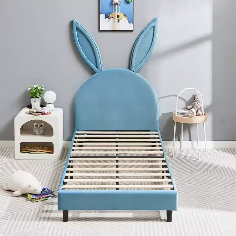Lit plateforme double pour enfants, tête de lit en velours oreilles de lapin, 295 kg, Rose/Bleu/Beige