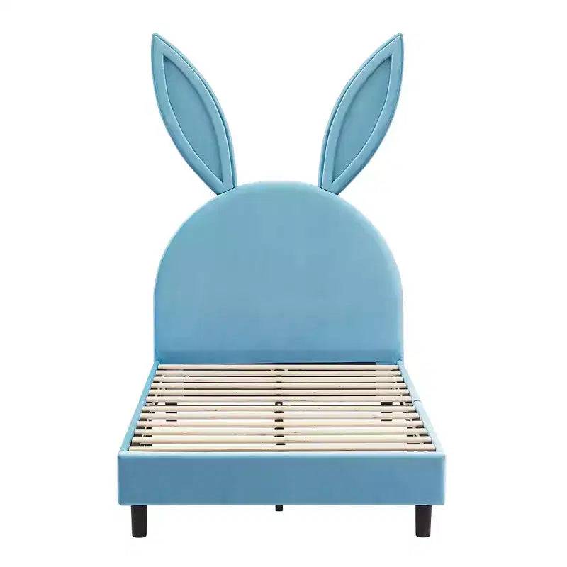 Lit plateforme double pour enfants, tête de lit en velours oreilles de lapin, 295 kg, Rose/Bleu/Beige