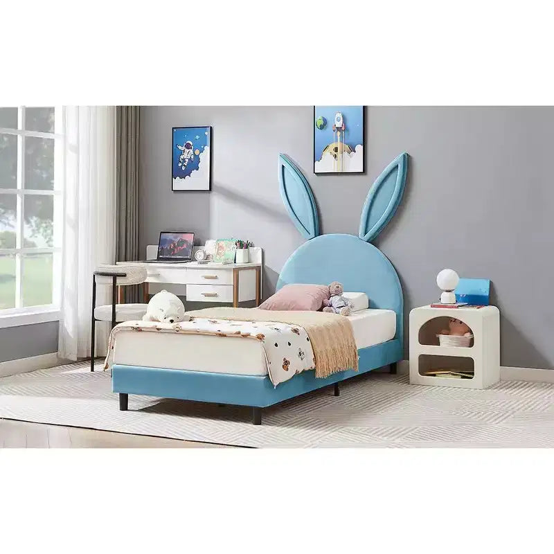 Lit plateforme double pour enfants, tête de lit en velours oreilles de lapin, 295 kg, Rose/Bleu/Beige