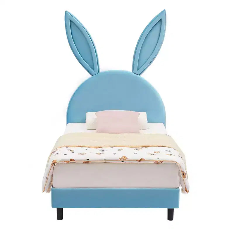 Lit plateforme double pour enfants, tête de lit en velours oreilles de lapin, 295 kg, Rose/Bleu/Beige