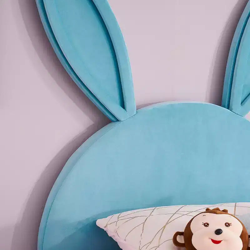 Lit plateforme double pour enfants, tête de lit en velours oreilles de lapin, 295 kg, Rose/Bleu/Beige