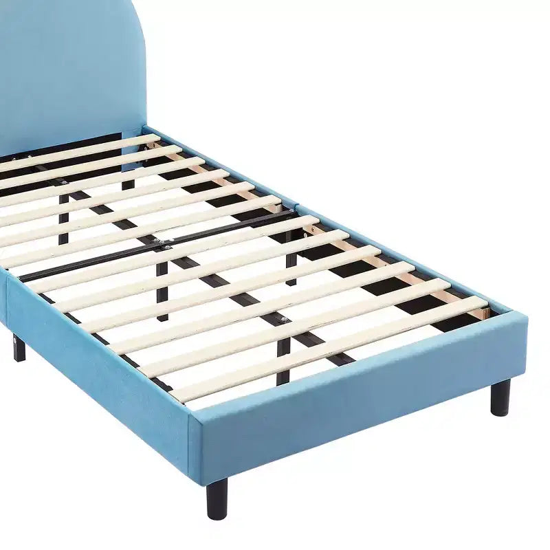 Lit plateforme double pour enfants, tête de lit en velours oreilles de lapin, 295 kg, Rose/Bleu/Beige