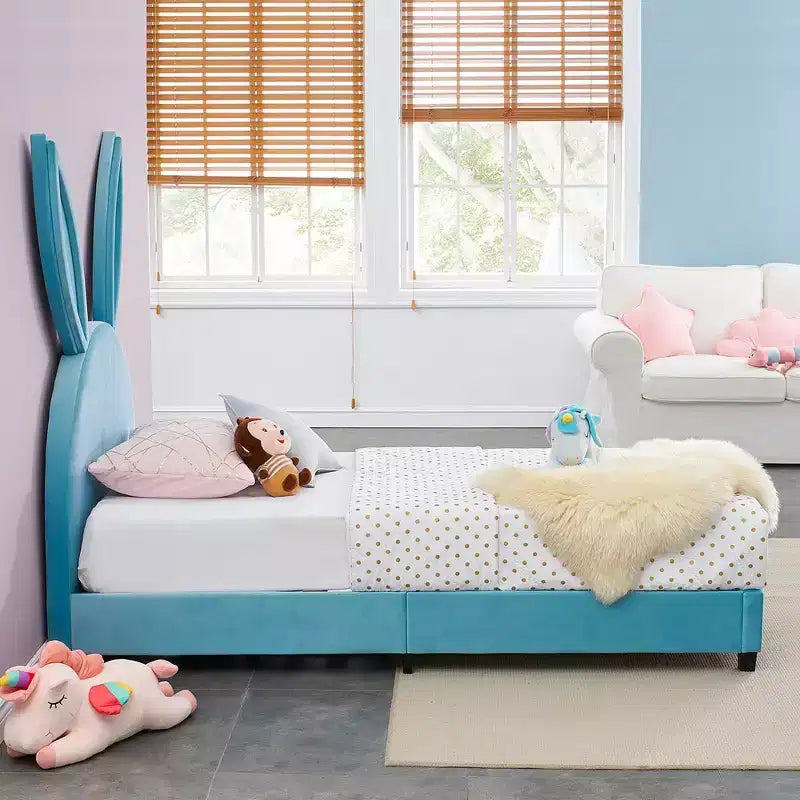 Lit plateforme double pour enfants, tête de lit en velours oreilles de lapin, 295 kg, Rose/Bleu/Beige