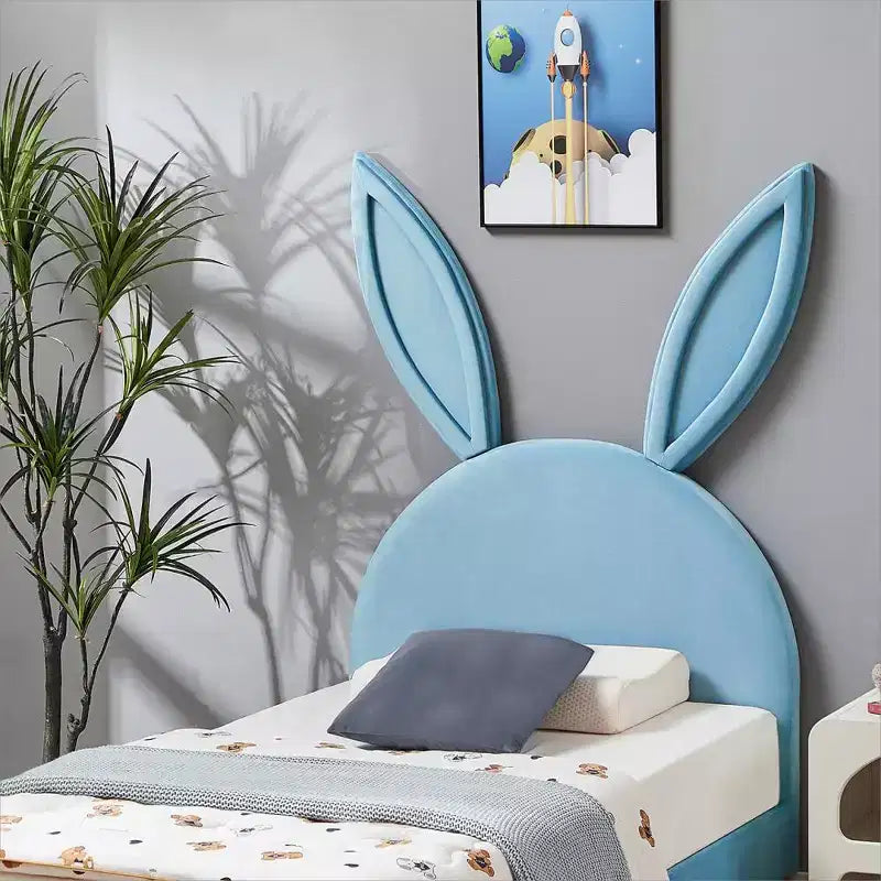 Lit plateforme double pour enfants, tête de lit en velours oreilles de lapin, 295 kg, Rose/Bleu/Beige